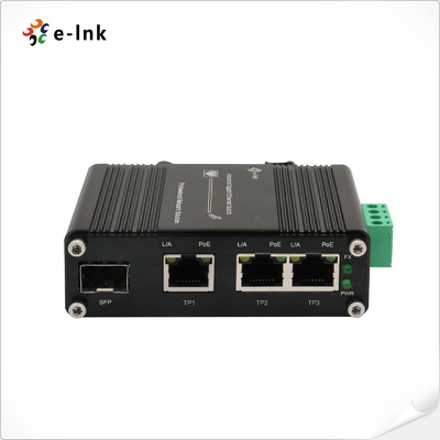 Mini-Industrie-Switch mit 3 Ports 10/100/1000T 802.3at PoE + 1 Port 100/1000X SFP Ethernet, 12~48VDC Eingang und Spannungswandler